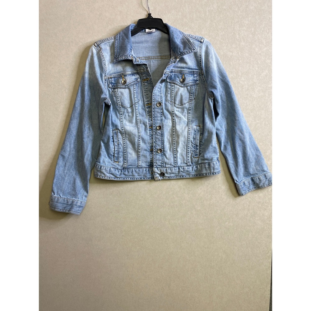 Merona Womens Light Wash Blue Denim Trucker Jacket Size M Stretch Cotton Lycra